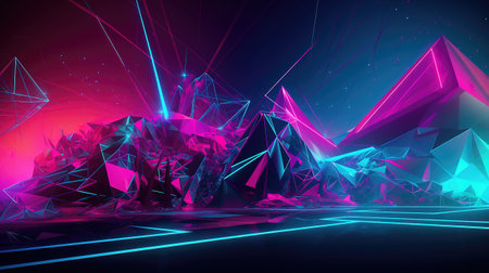 3d render, abstract geometric background, polygonal structure with neon lightsの素材