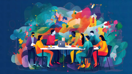 Group of business people sitting at table in cafe. Vector illustration.の素材