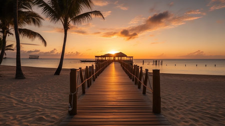 Wooden bridge on the beach at sunset in the tropics.の素材