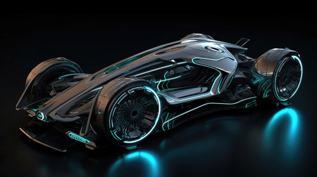 3D rendering of a futuristic race car isolated on a black backgroundの素材