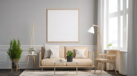 Mock up poster frame in interior background, 3D Illustrationの素材