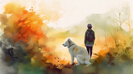 Man and dog in the autumn forest. Digital watercolor painting.の素材