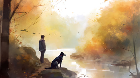 Digital painting of a young man walking with his dog in the parkの素材