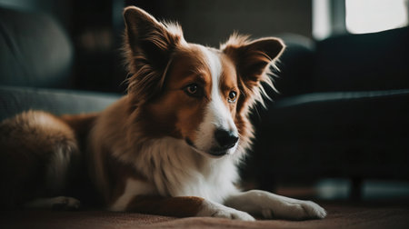 Portrait of a red border collie dog lying on sofa at homeの素材
