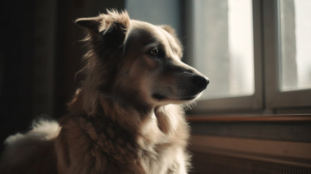 Cute dog looking out the window. Portrait of a border collieの素材