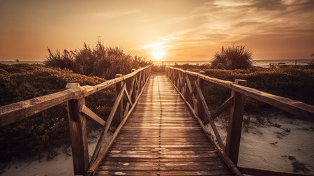 Wooden walkway on the beach at sunset. Toned.の素材