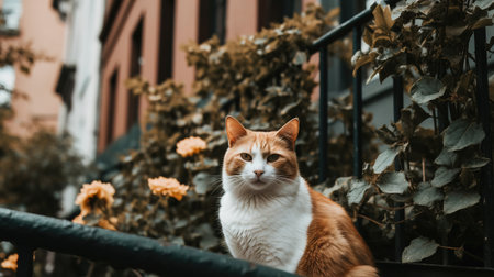 Cute ginger cat sitting on the railing of an old house.の素材