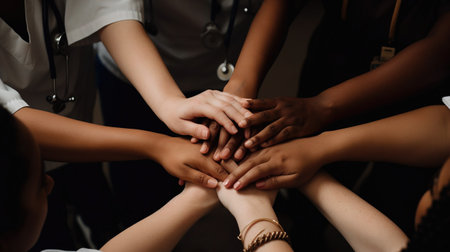 Group of multiracial medical staff holding hands together, closeupの素材