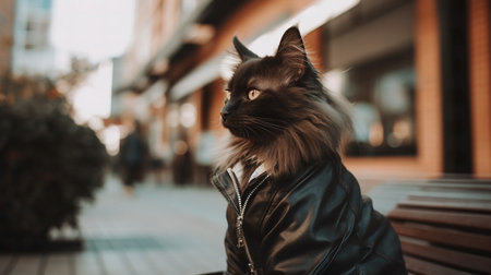 Portrait of a beautiful cat in a leather jacket sitting on the streetの素材