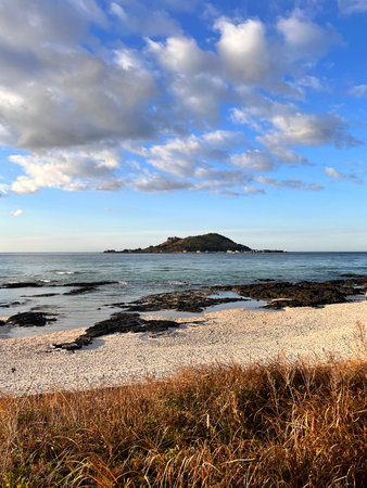 Beautiful seascape with rocks, sea and sky at sunset