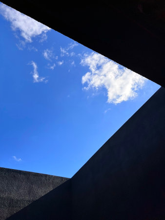 Blue sky and white clouds in a sunny day, closeup of photoの写真素材