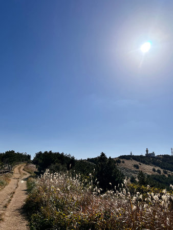 Dirt road on the hillside with blue sky in the background