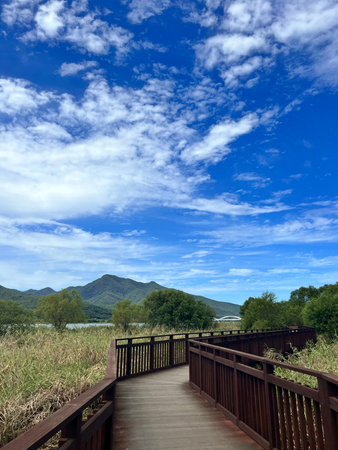 Wooden walkway to the lake with blue sky and white cloudsの写真素材