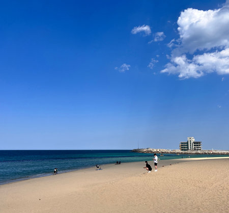 View of the beach in Barcelona, Spain. Copy space for textの写真素材