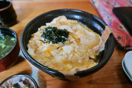 japanese food, simmered chicken on rice in bowlの写真素材