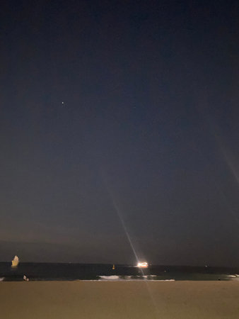 A view of the beach at night with the moon and stars.