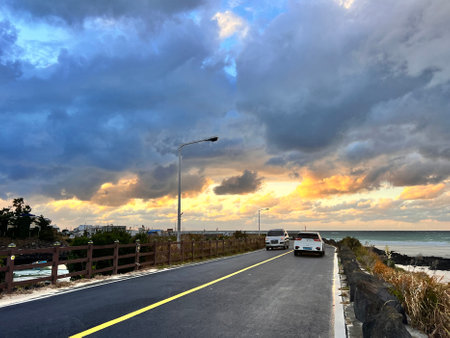 The road to the sea at sunset in the evening, Thailand.の写真素材
