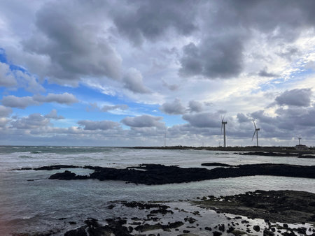 wind turbines on the coast of the Atlantic Ocean in Tenerifeの写真素材