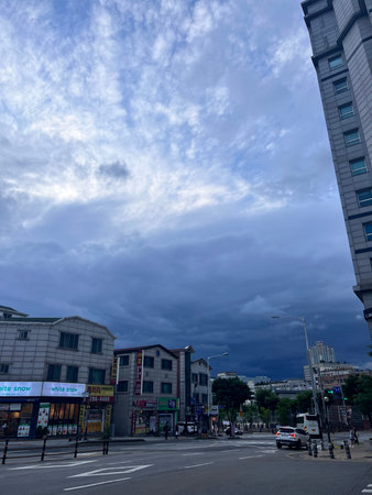 Dramatic sky over the streets of Seoul, South Korea.