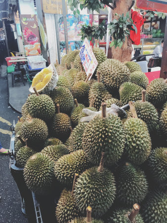 Fresh durian fruit on the market in Bangkok,Thailand.の写真素材