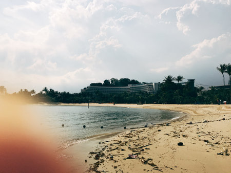 Beautiful tropical beach and sea with palm trees in Thailand. Vintage filter.の写真素材