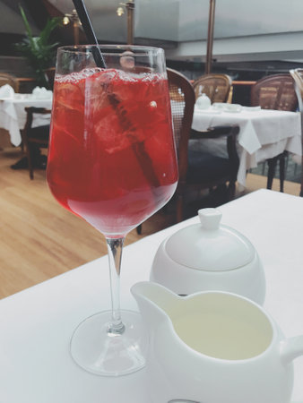 Cocktail in a glass on a table in a restaurant.の写真素材