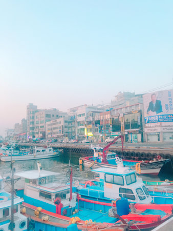 Colorful fishing boats on the harbor in Hanoi, Vietnamの写真素材