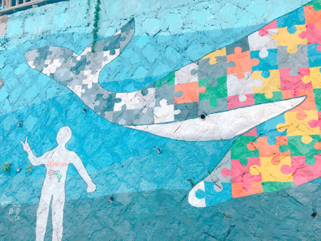Puzzles painted on the wall of a building in Mexico Cityの写真素材