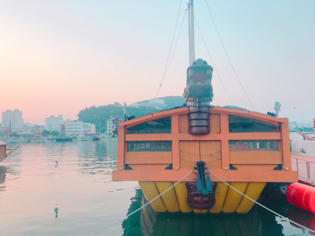Fishing boat in the harbor of the city of Hanoi, Vietnamの写真素材
