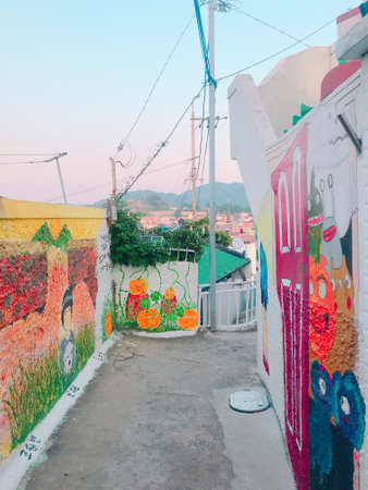 Colorful graffiti on the walls of the old town of Chefchaouen, Moroccoの写真素材
