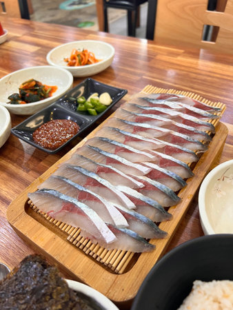 Saba fish sashimi on a wooden board, Japanese foodの写真素材