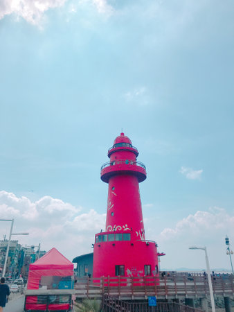 Red lighthouse in Cartagena, Colombia.の写真素材