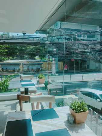 Interior of a modern cafe in a shopping mall, stock photo