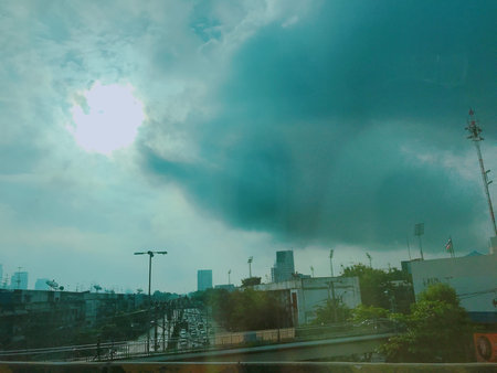 View of the city from the train window, Bangkok, Thailand.