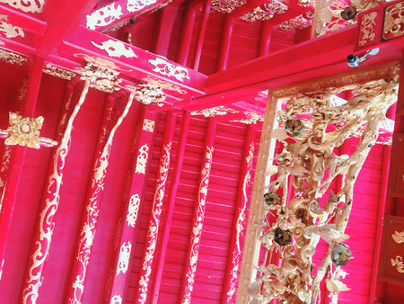 Red Chinese temple roof, closeup of photo with shallow depth of field