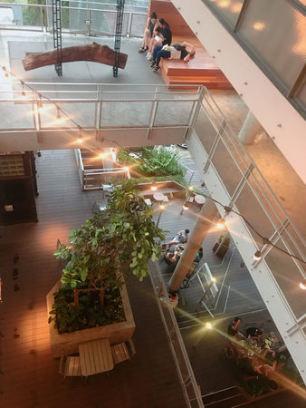Top view of business people working on laptop and drinking coffee in modern office.