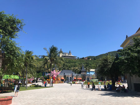 Unidentified people visit the Plaza de Espana in Santa Cruz, Spainの写真素材