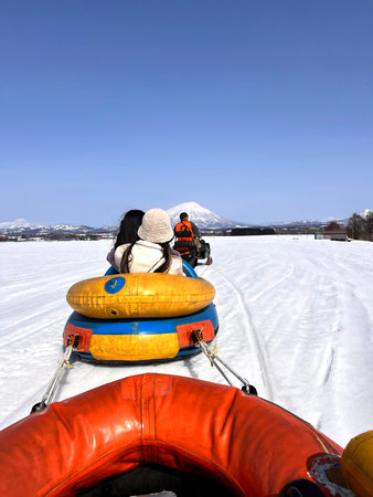 Snow tubing on Lake Kawaguchiko, Yamanashi, Japan