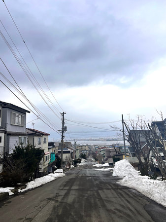 street view of a small town in winter with snow and cloudy sky