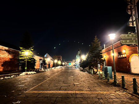 Old town street at night in Gdynia, Poland.