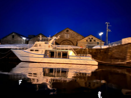 Boat in the port of Gdansk at night, Polandの写真素材