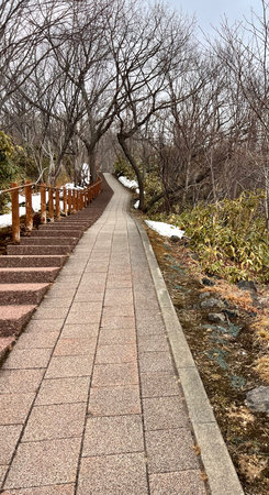 Stone walkway in the park in winter, South Korea, Asiaの写真素材