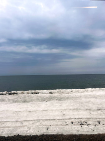 Ice on the beach of the Baltic Sea in Liepaja, Latviaの写真素材