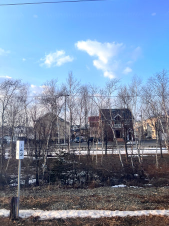 Winter landscape with houses and trees on a background of blue sky.の写真素材