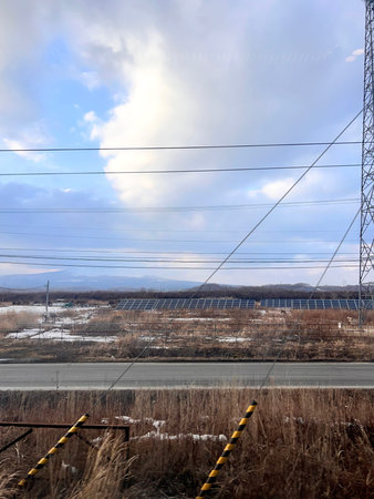 Electricity pylons and high voltage power lines in winter.