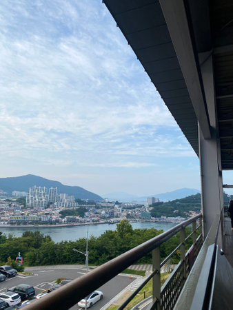 View of the city from the terrace of a modern office buildingの写真素材