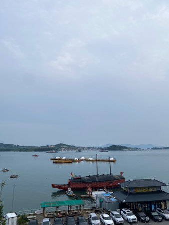 Seascape view of the sea and the port of Hangzhouの写真素材