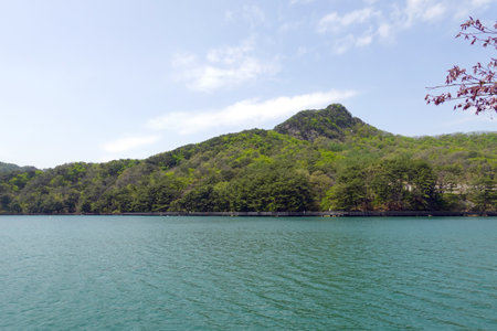 Landscape view of the lake and mountains in the national park.の写真素材