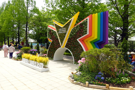 Flower exhibition in the city park.の写真素材