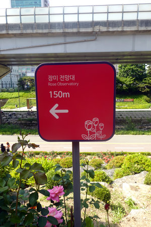 Parking sign at the entrance to the park with a lot of flowersの写真素材